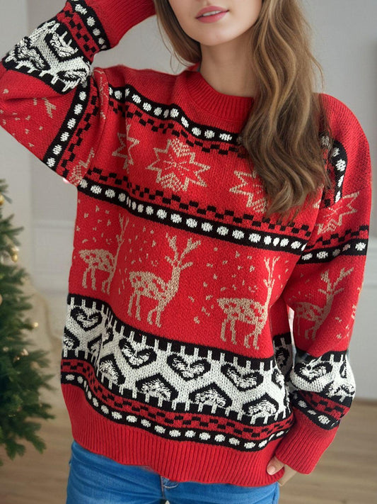 Christmas Element Round Neck Long Sleeve Sweater - Clothes For Her Online Store