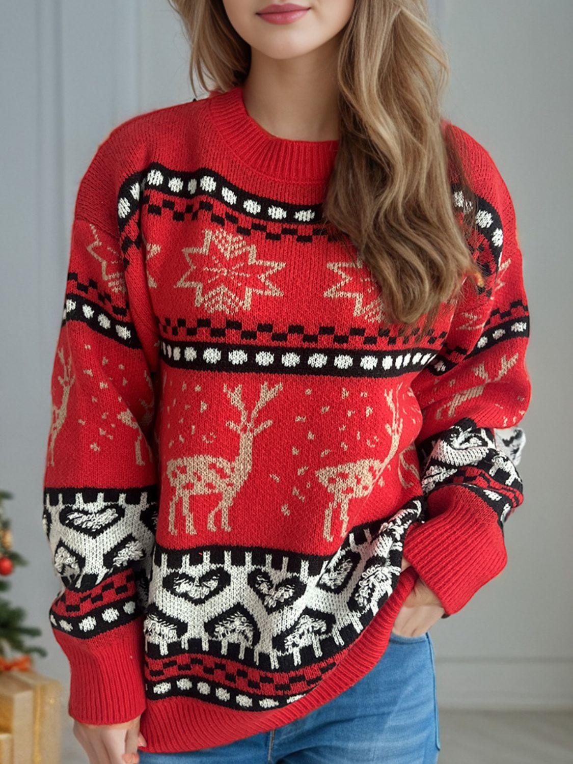 Christmas Element Round Neck Long Sleeve Sweater - Clothes For Her Online Store