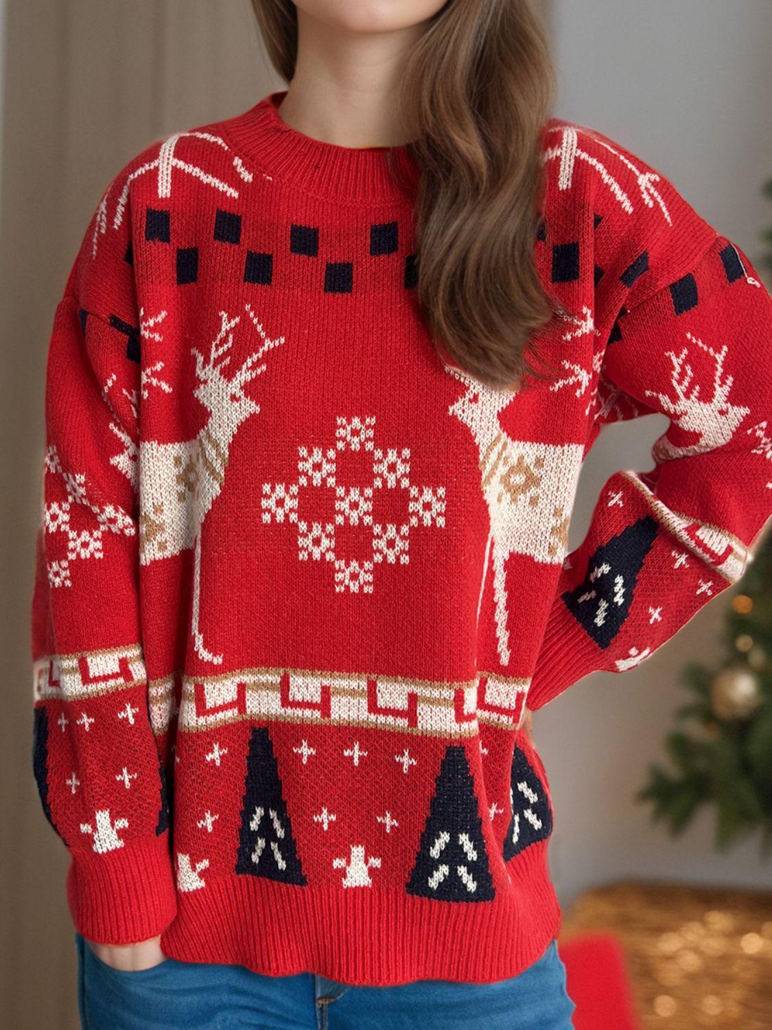 Christmas Element Round Neck Long Sleeve Sweater - Clothes For Her Online Store