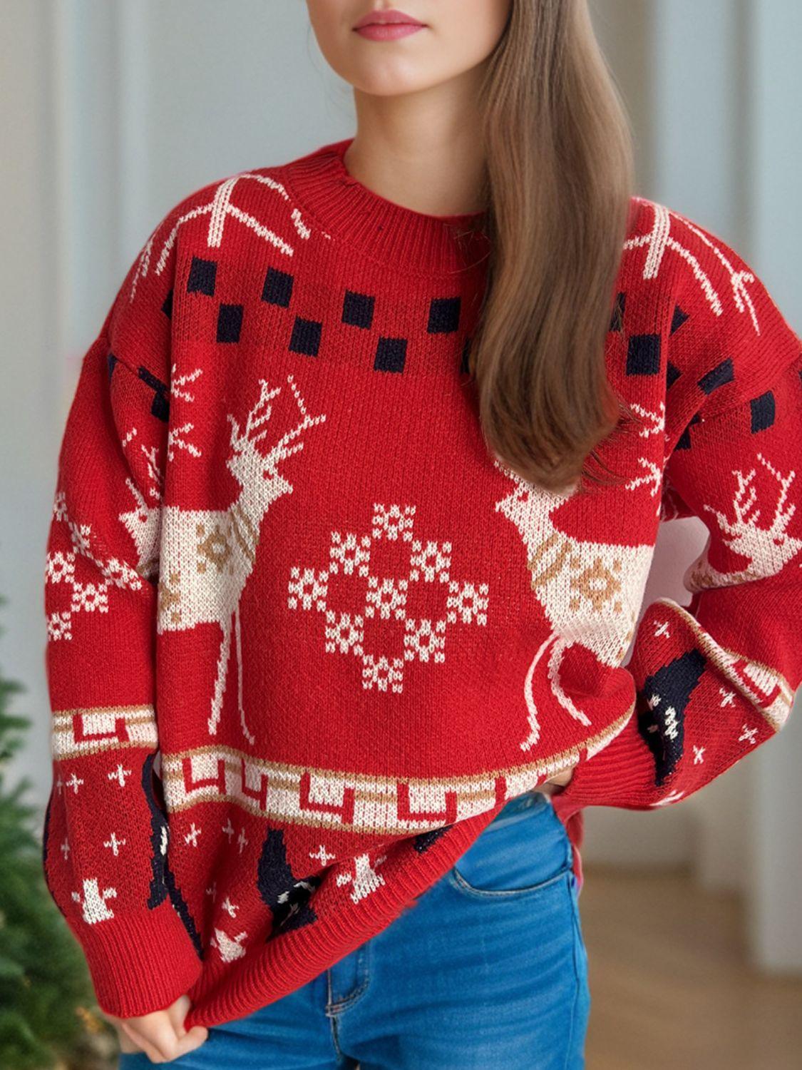 Christmas Element Round Neck Long Sleeve Sweater - Clothes For Her Online Store