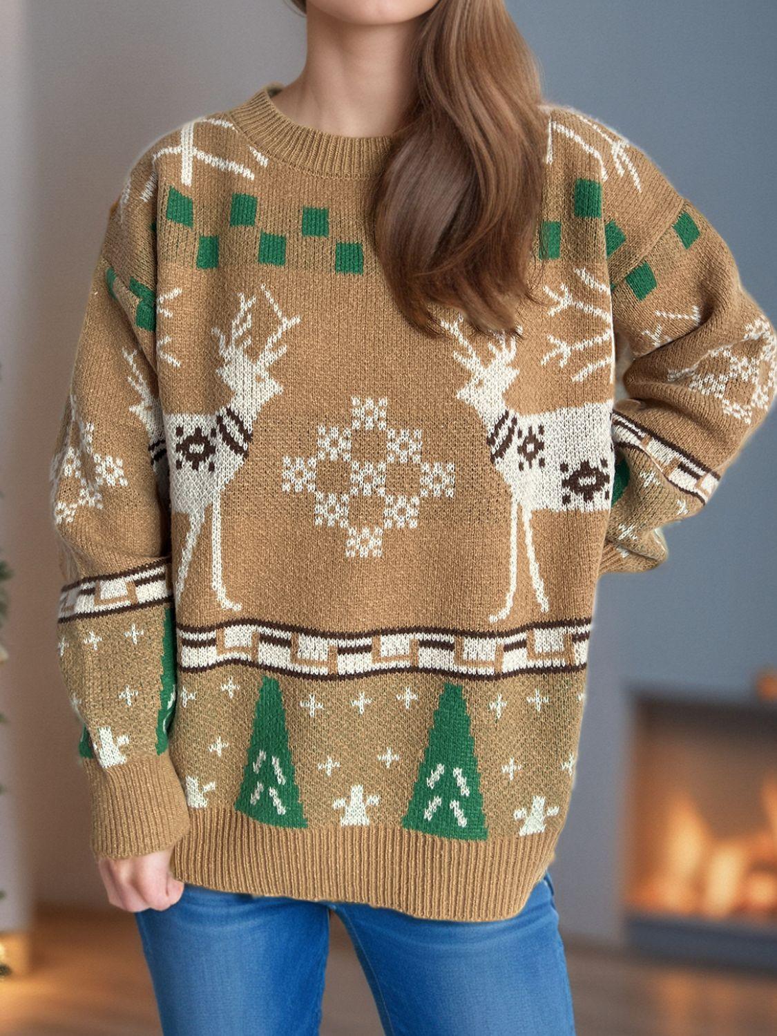 Christmas Element Round Neck Long Sleeve Sweater - Clothes For Her Online Store