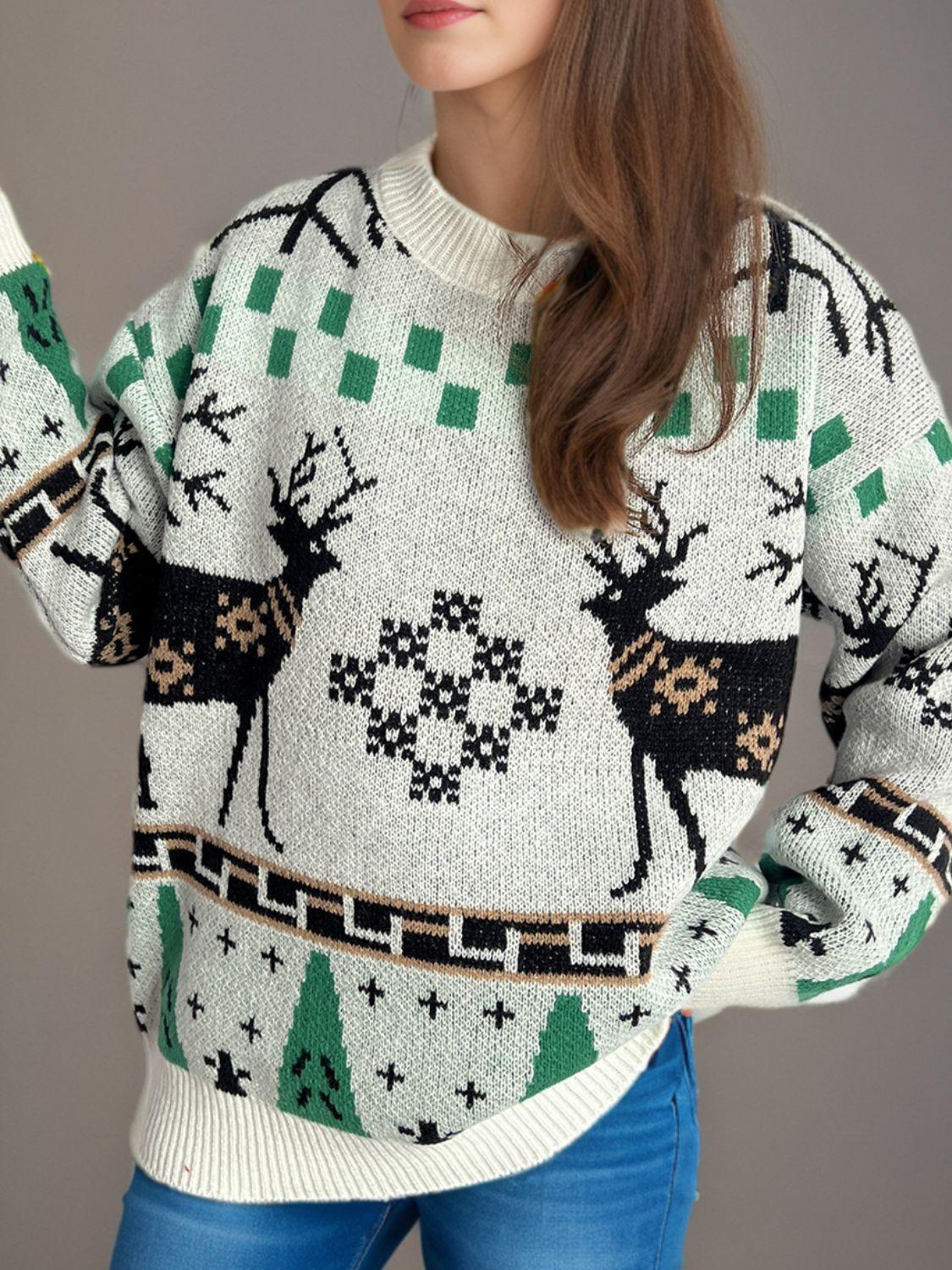 Christmas Element Round Neck Long Sleeve Sweater - Clothes For Her Online Store