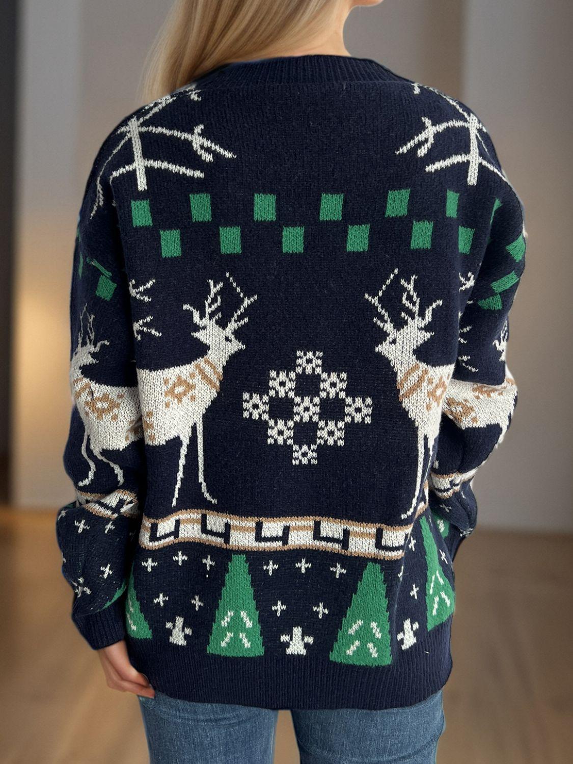 Christmas Element Round Neck Long Sleeve Sweater - Clothes For Her Online Store