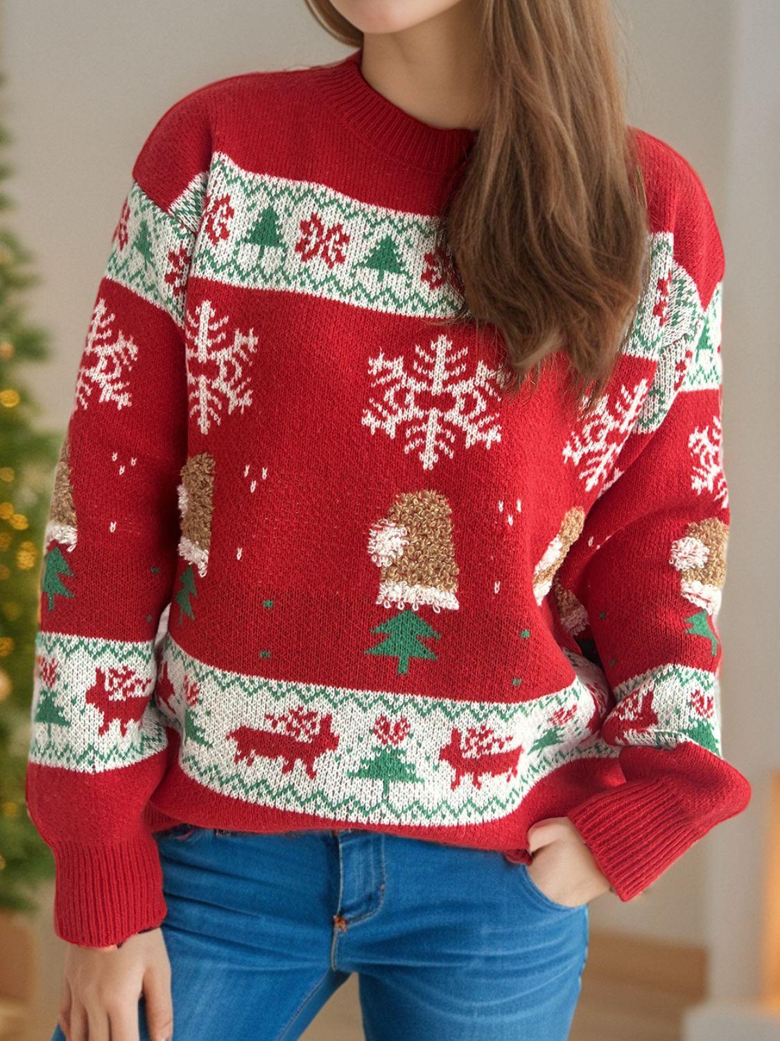 Christmas Element Round Neck Long Sleeve Sweater - Clothes For Her Online Store