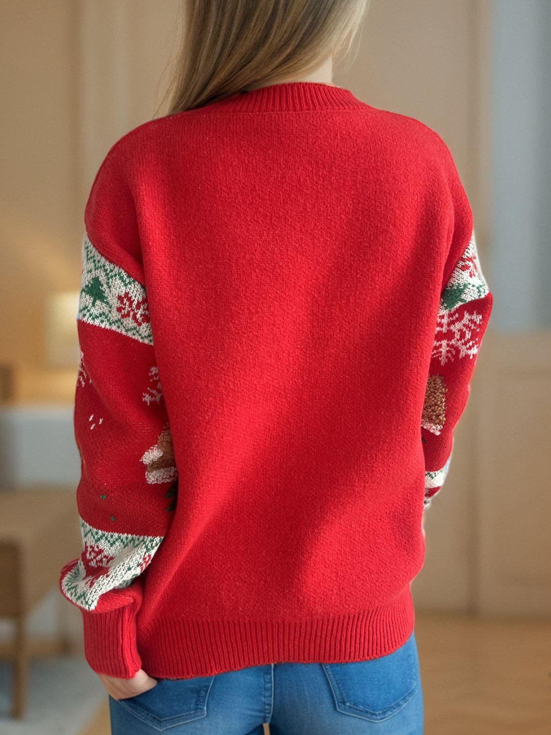 Christmas Element Round Neck Long Sleeve Sweater - Clothes For Her Online Store