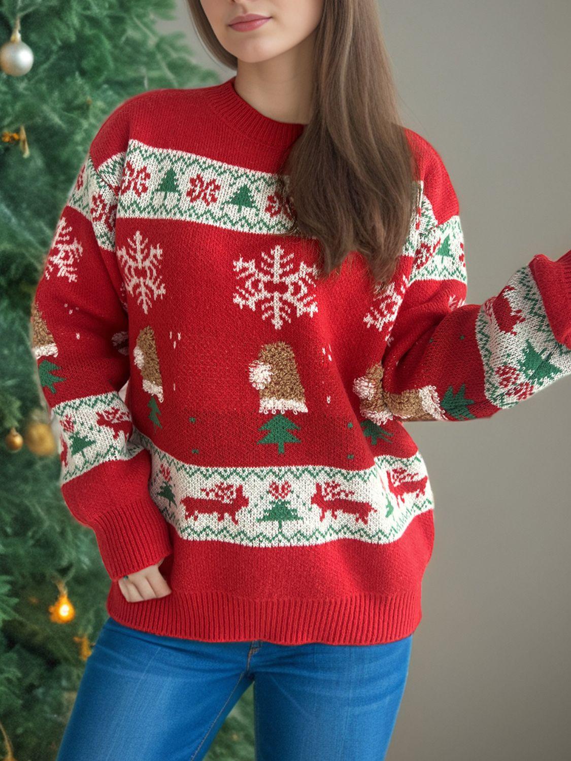 Christmas Element Round Neck Long Sleeve Sweater - Clothes For Her Online Store
