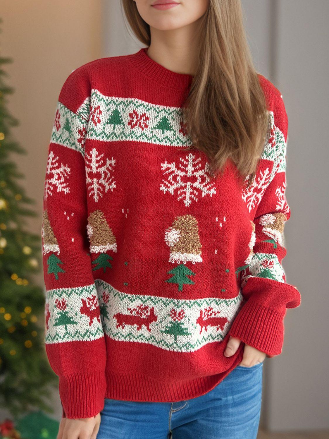 Christmas Element Round Neck Long Sleeve Sweater - Clothes For Her Online Store