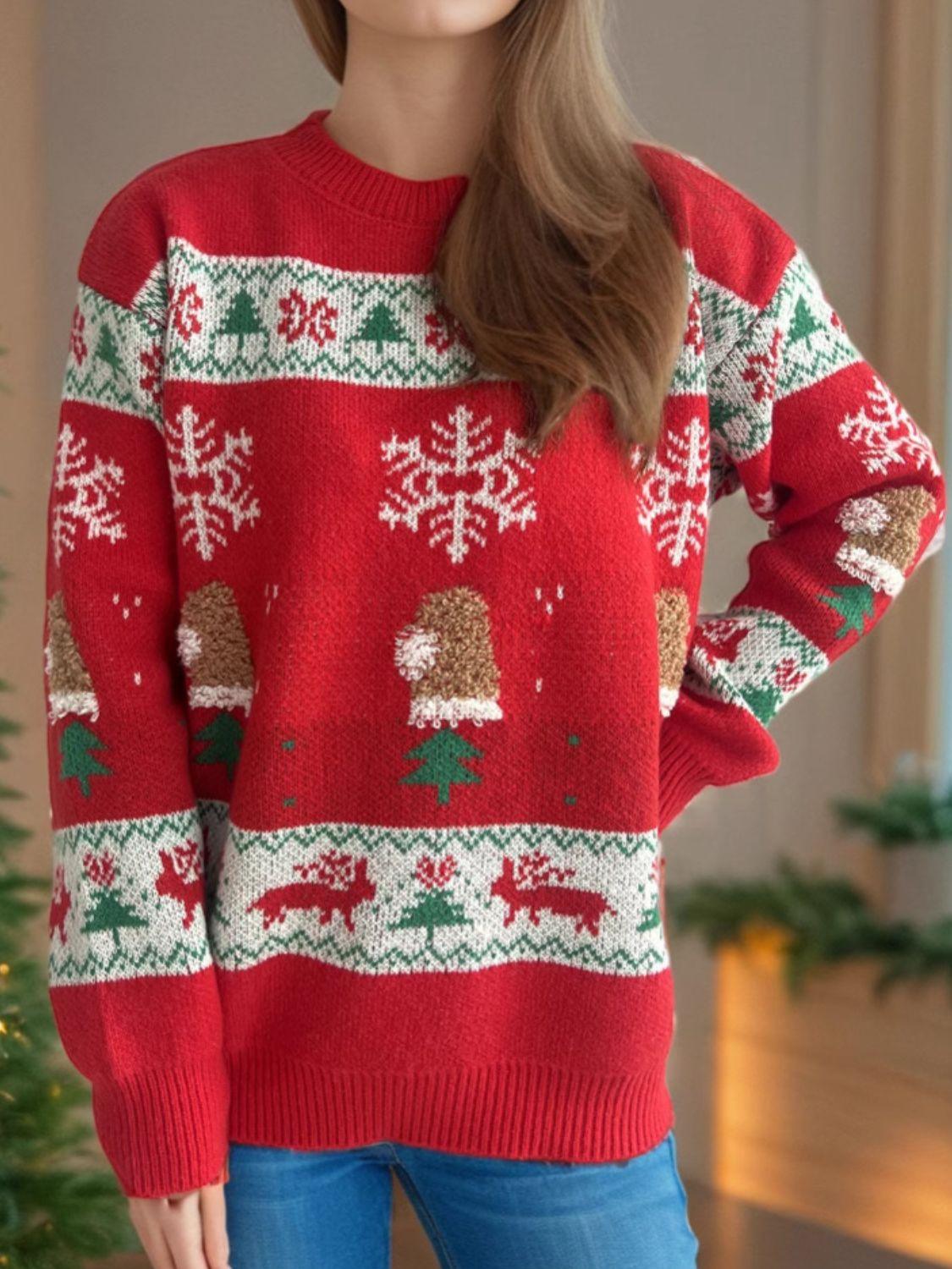 Christmas Element Round Neck Long Sleeve Sweater - Clothes For Her Online Store