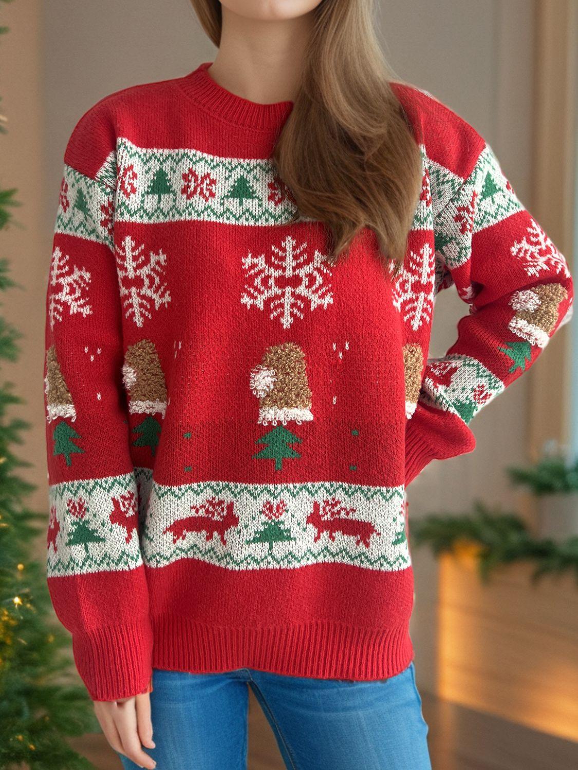 Christmas Element Round Neck Long Sleeve Sweater - Clothes For Her Online Store