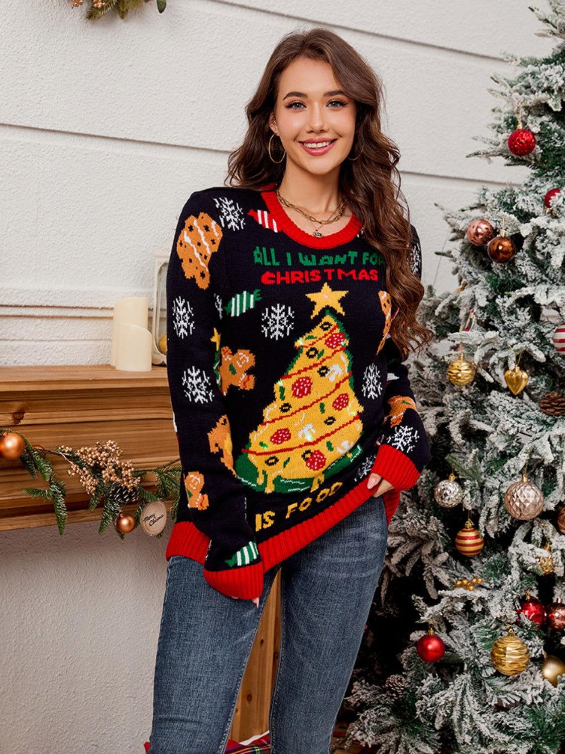 Christmas Element Round Neck Long Sleeve Sweater - Clothes For Her Online Store