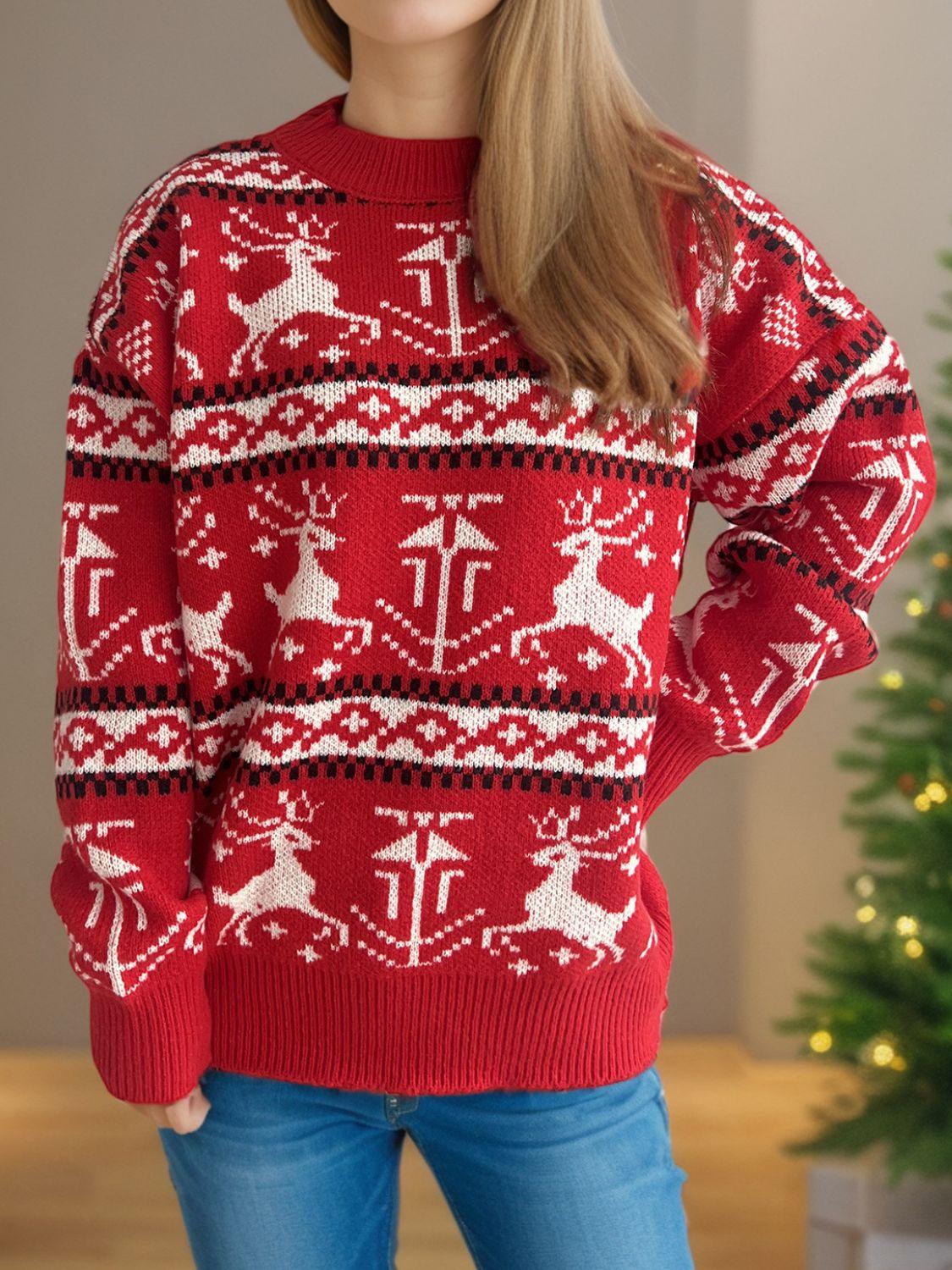 Christmas Element Round Neck Long Sleeve Sweater - Clothes For Her Online Store
