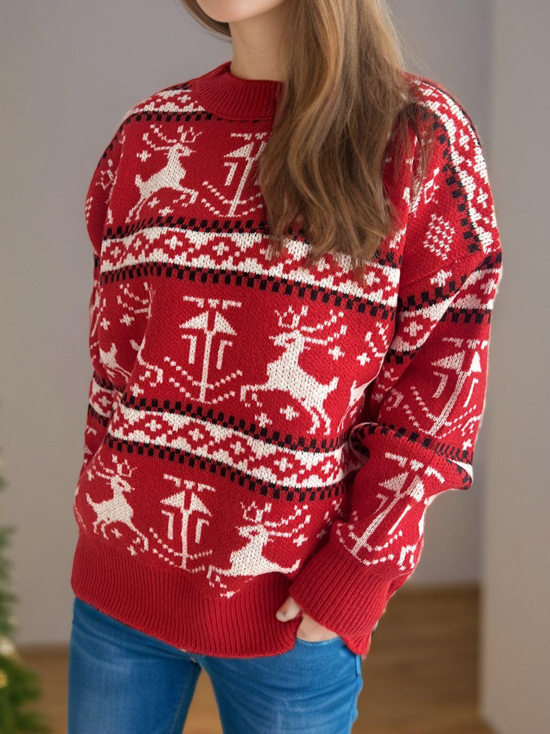 Christmas Element Round Neck Long Sleeve Sweater - Clothes For Her Online Store