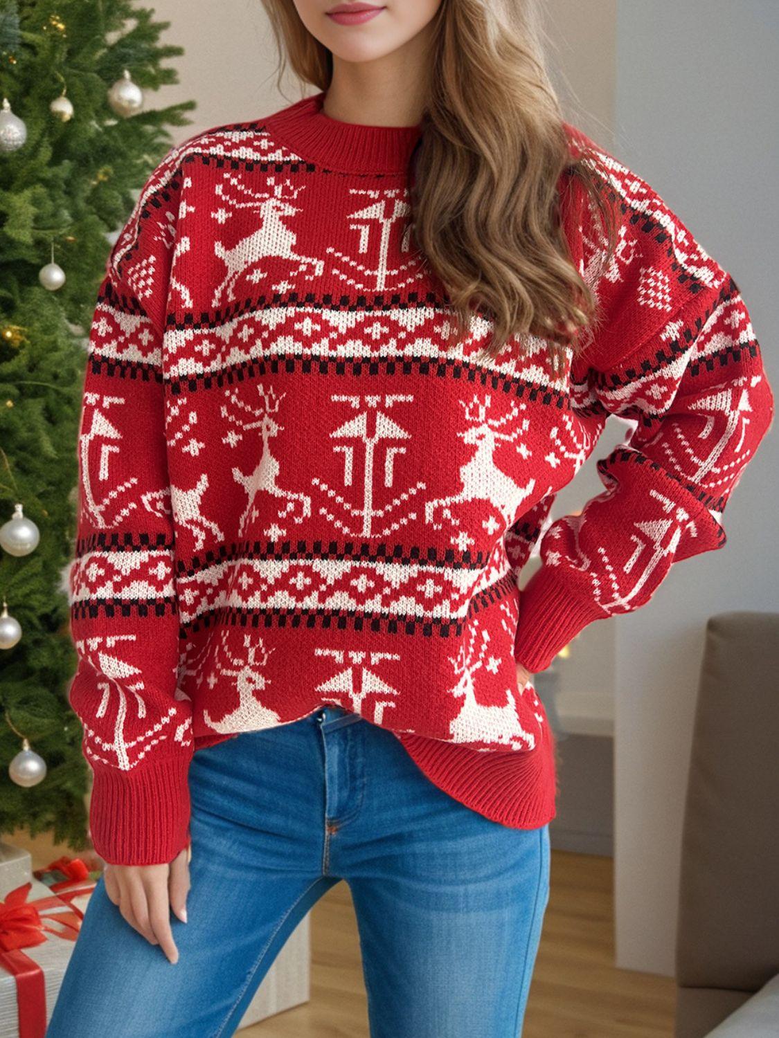 Christmas Element Round Neck Long Sleeve Sweater - Clothes For Her Online Store
