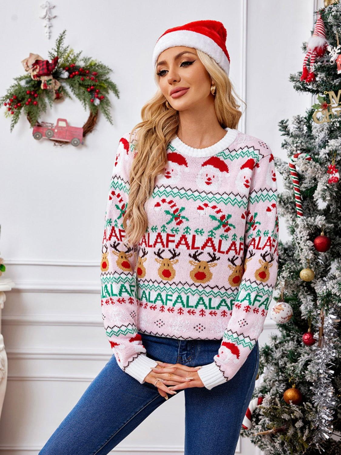 Christmas Element Round Neck Long Sleeve Sweater - Clothes For Her Online Store