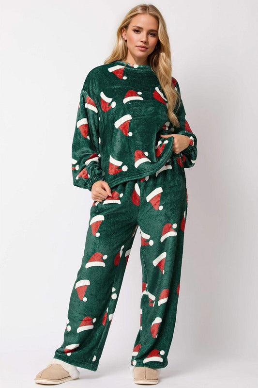 Christmas Hat Pattern Round Neck Long Sleeve Top and Pants Set - Clothes For Her Online Store
