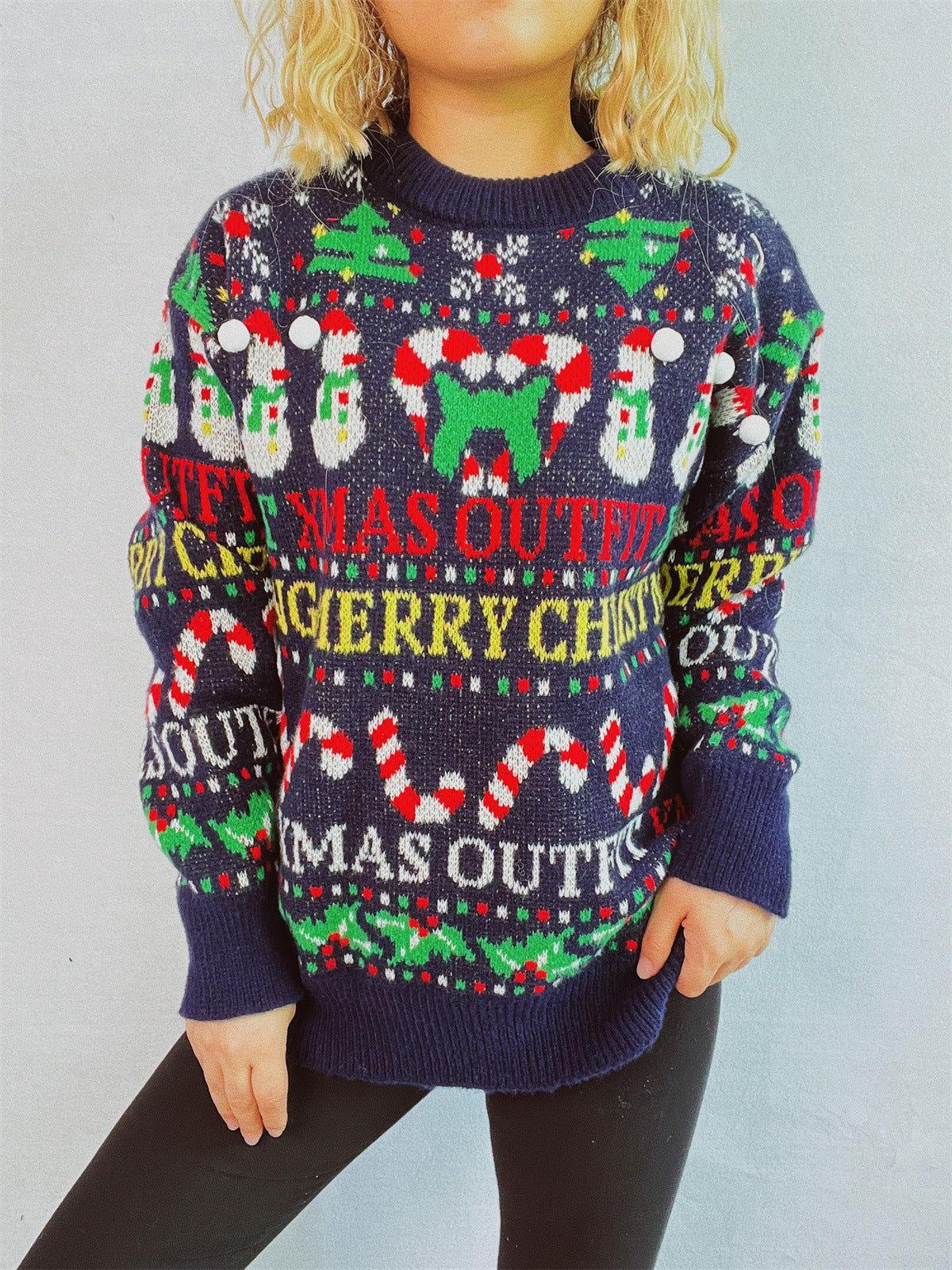 Christmas Pattern Round Neck Long Sleeve Sweater - Clothes For Her Online Store