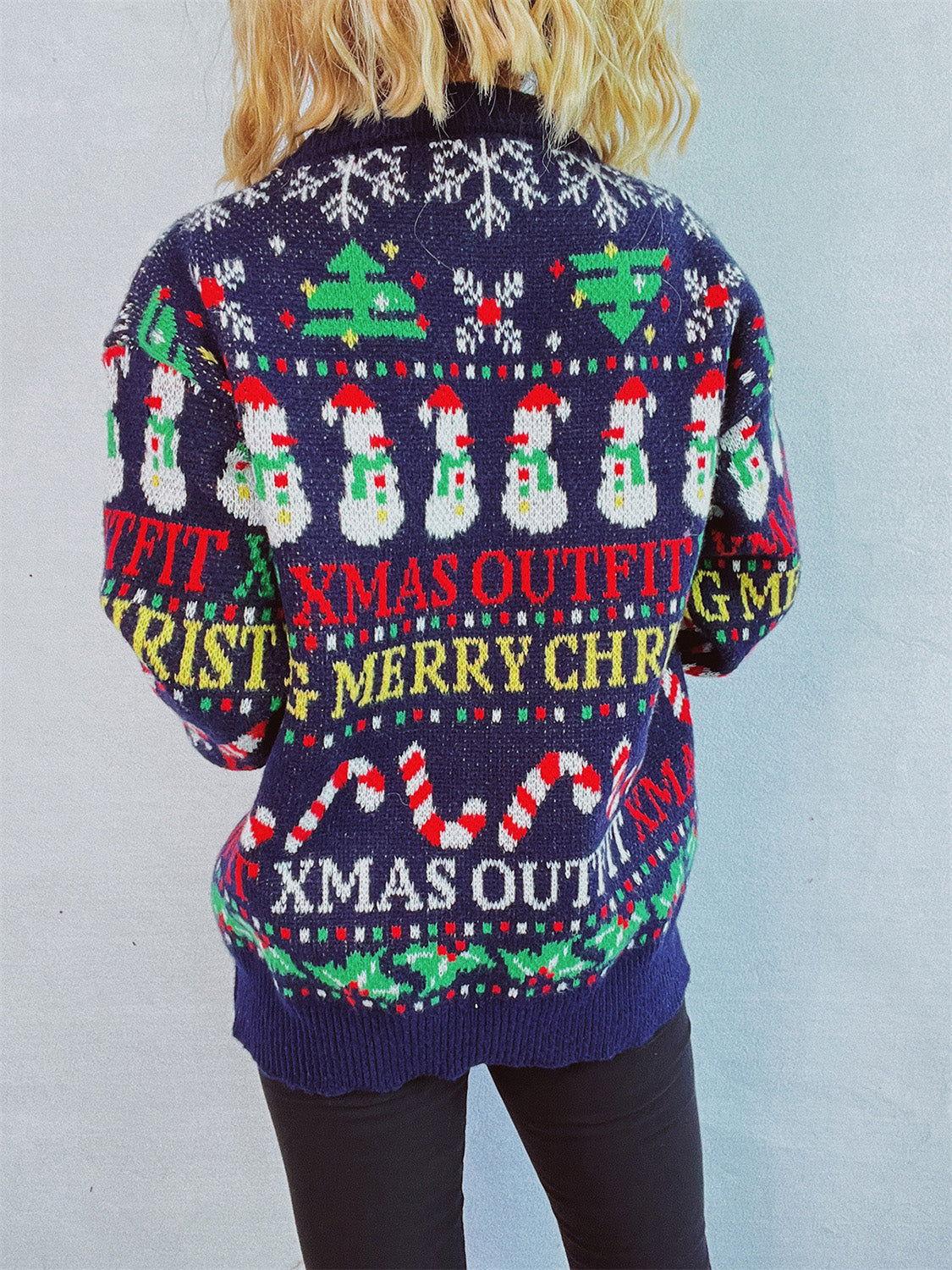 Christmas Pattern Round Neck Long Sleeve Sweater - Clothes For Her Online Store