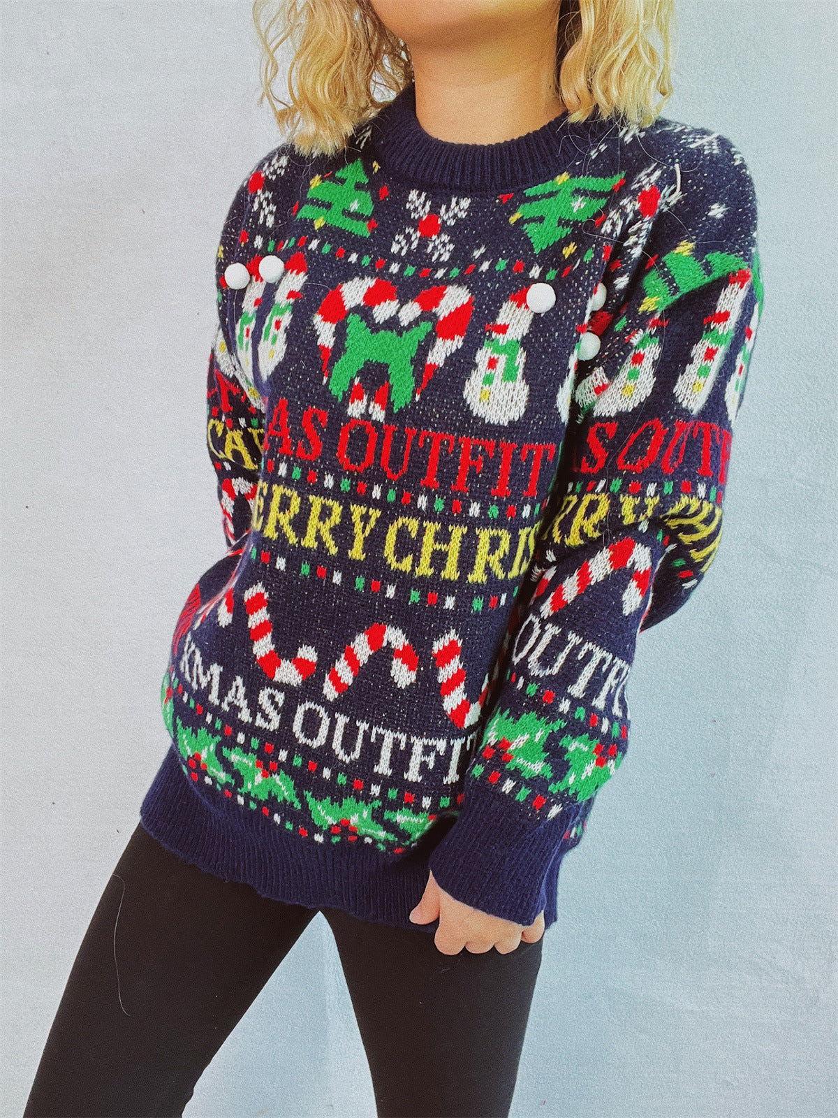 Christmas Pattern Round Neck Long Sleeve Sweater - Clothes For Her Online Store