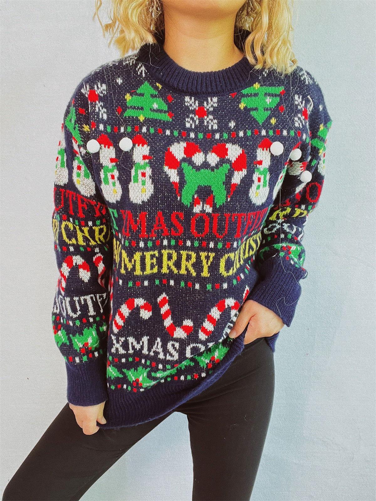 Christmas Pattern Round Neck Long Sleeve Sweater - Clothes For Her Online Store