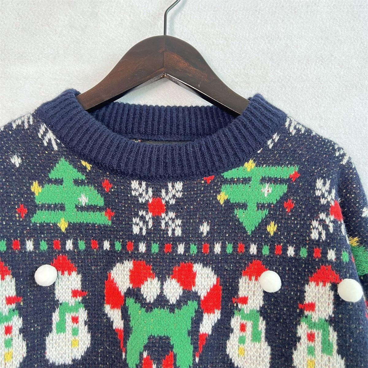 Christmas Pattern Round Neck Long Sleeve Sweater - Clothes For Her Online Store