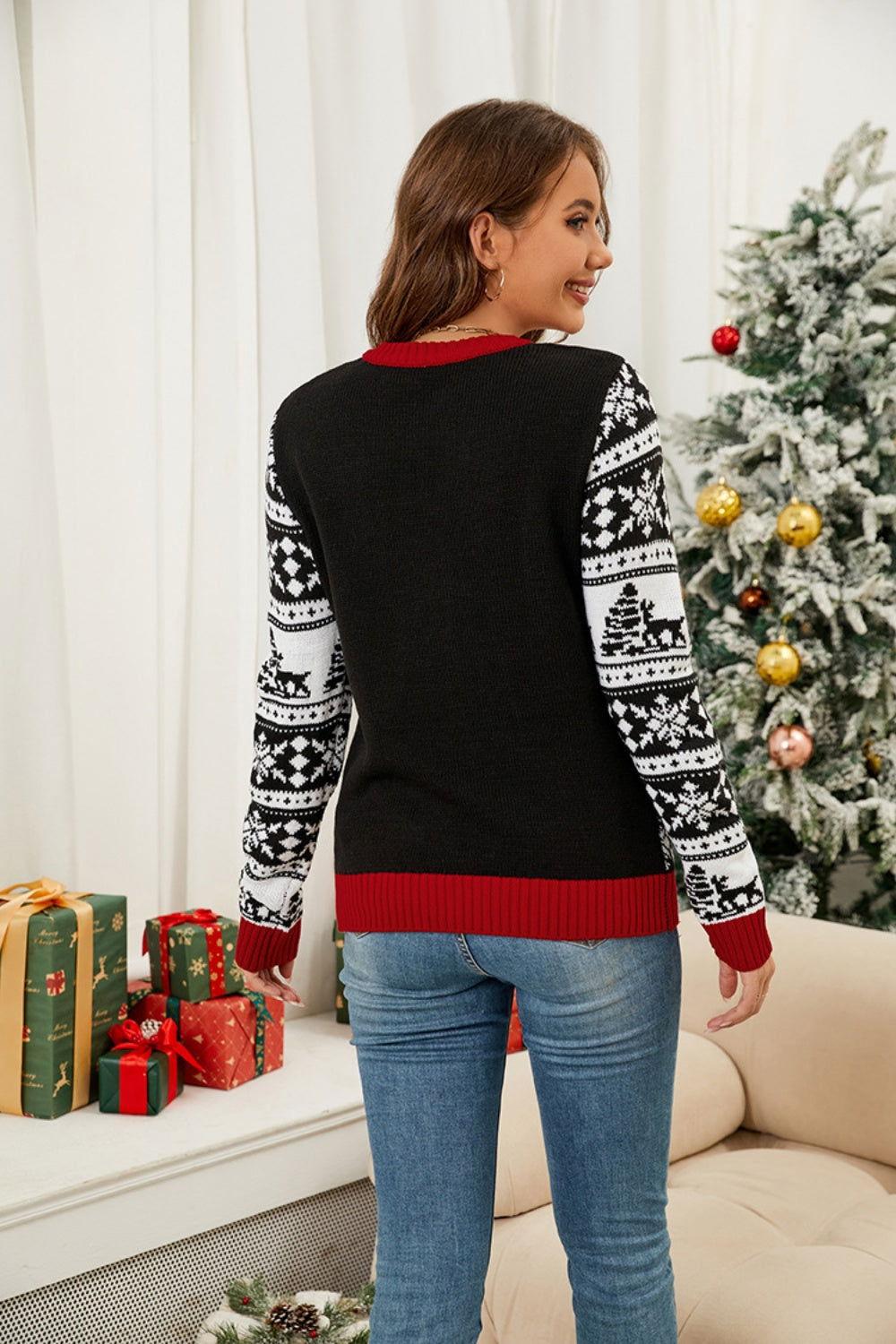 Christmas Pattern Round Neck Long Sleeve Sweater - Clothes For Her Online Store