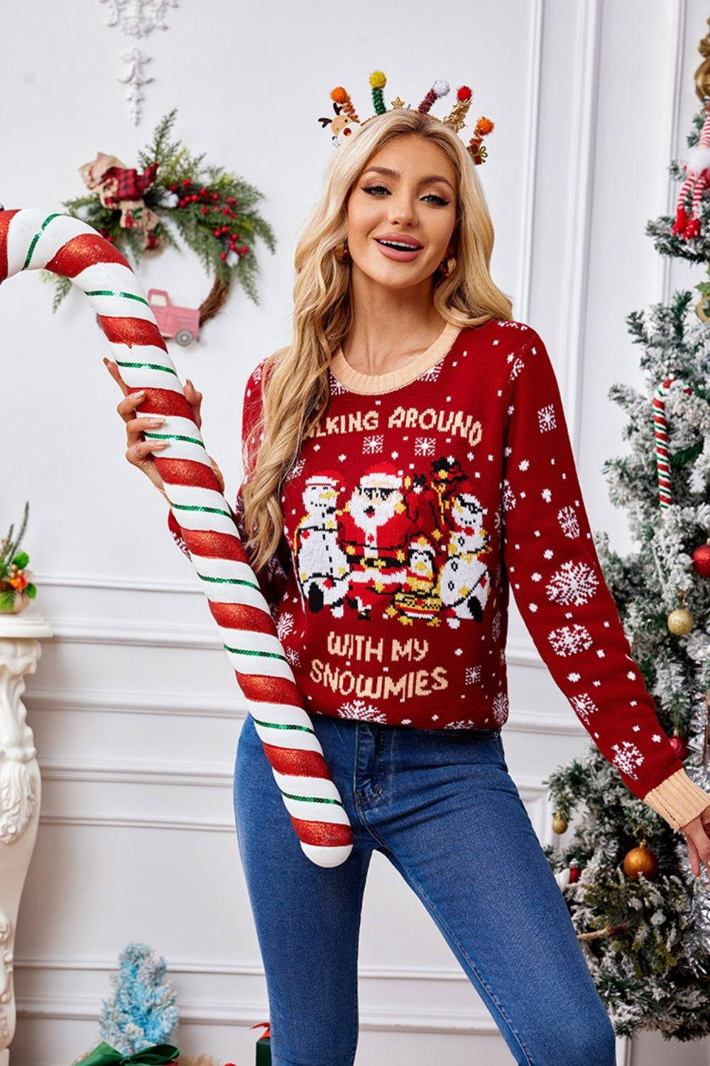 Christmas Pattern Round Neck Long Sleeve Sweater - Clothes For Her Online Store