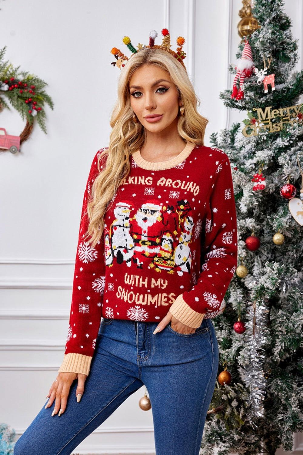 Christmas Pattern Round Neck Long Sleeve Sweater - Clothes For Her Online Store