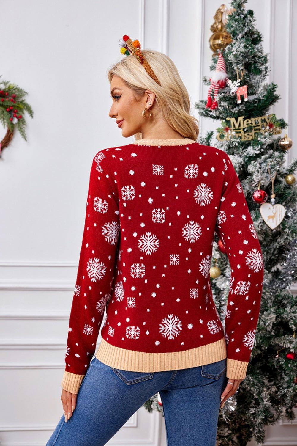 Christmas Pattern Round Neck Long Sleeve Sweater - Clothes For Her Online Store