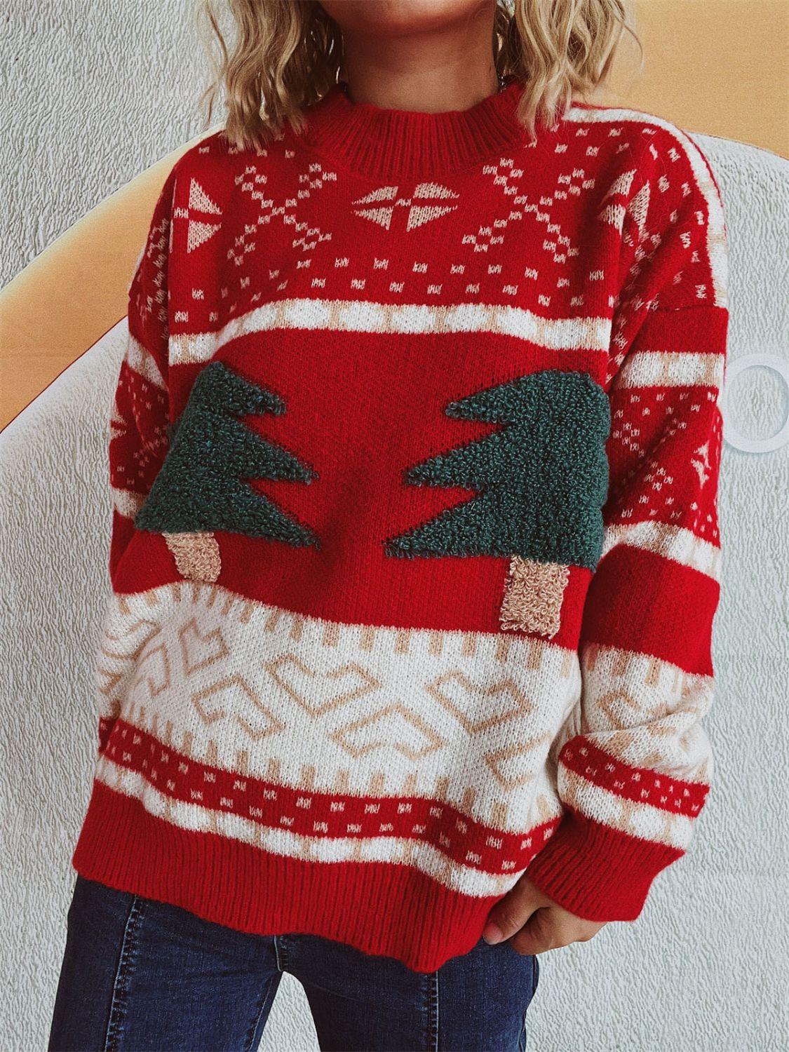Christmas Tree Mock Neck Long Sleeve Sweater - Clothes For Her Online Store