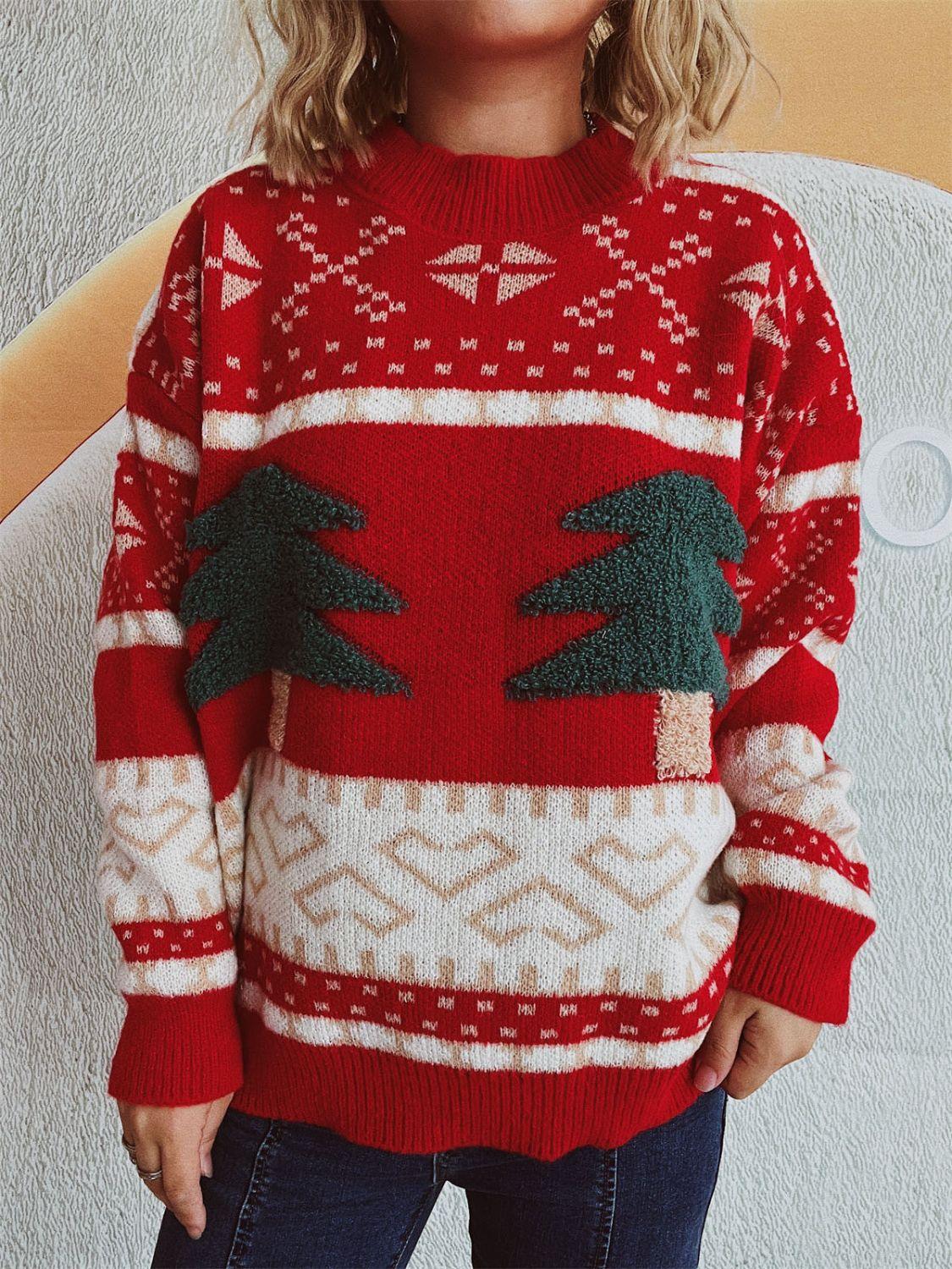 Christmas Tree Mock Neck Long Sleeve Sweater - Clothes For Her Online Store