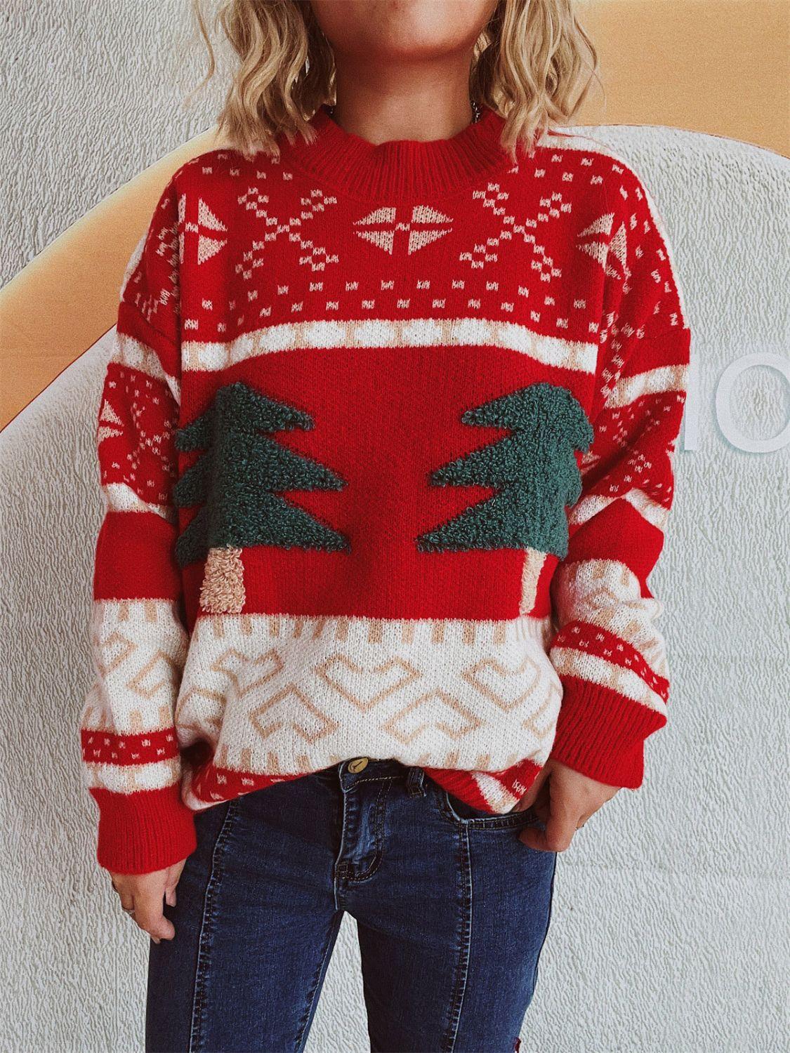 Christmas Tree Mock Neck Long Sleeve Sweater - Clothes For Her Online Store