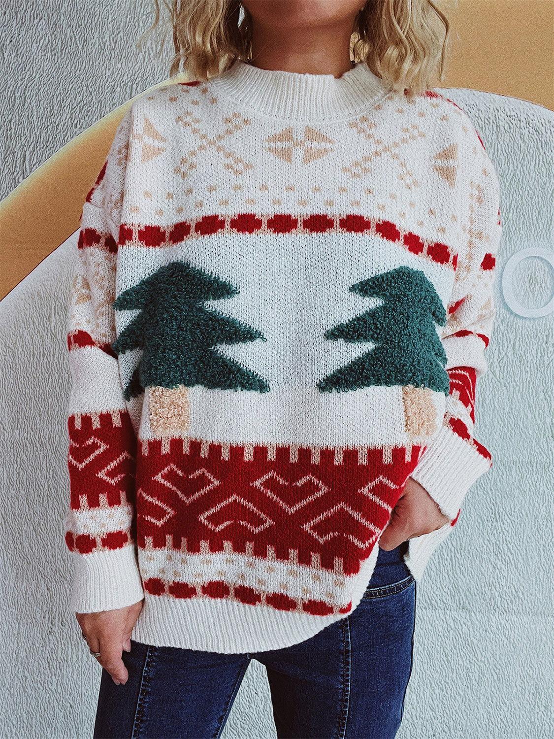 Christmas Tree Mock Neck Long Sleeve Sweater - Clothes For Her Online Store