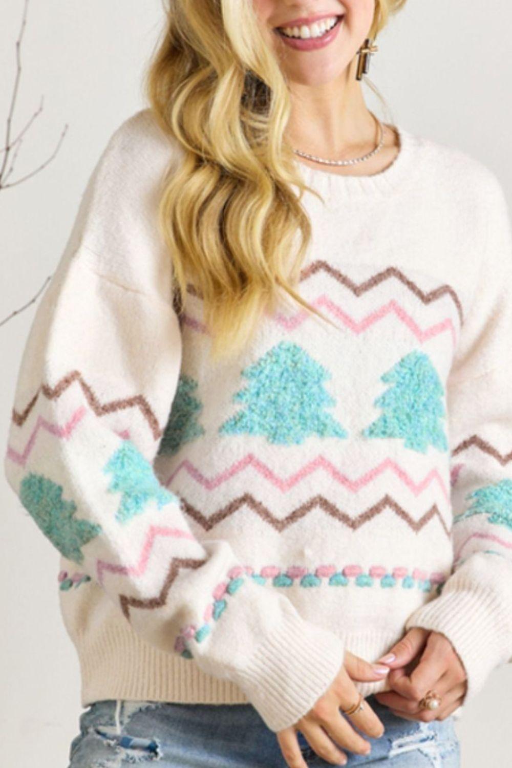 Christmas Tree Ribbed Hem Dropped Shoulder Sweater - Clothes For Her Online Store