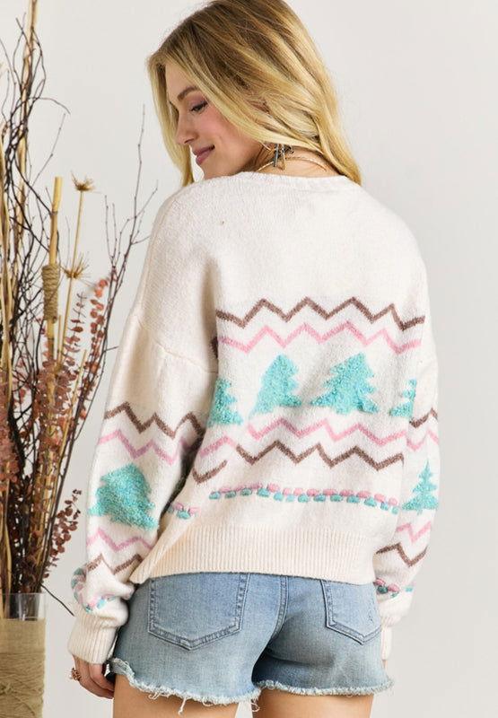 Christmas Tree Ribbed Hem Dropped Shoulder Sweater - Clothes For Her Online Store