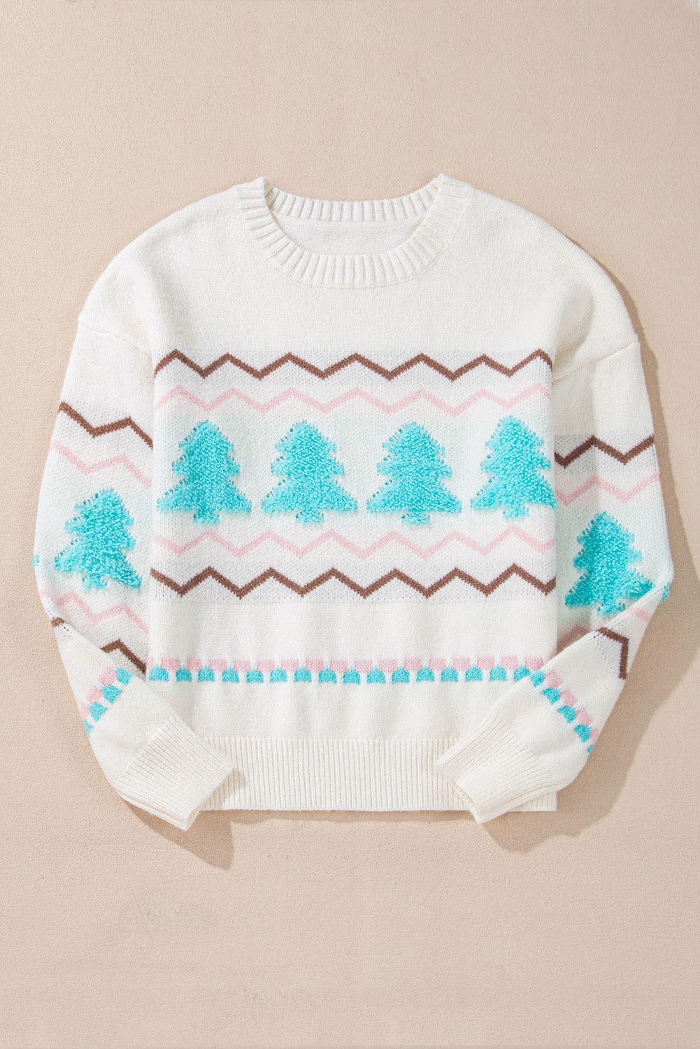 Christmas Tree Ribbed Hem Dropped Shoulder Sweater - Clothes For Her Online Store