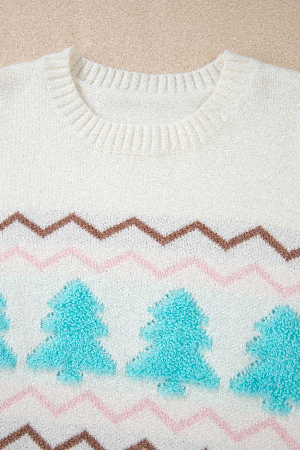 Christmas Tree Ribbed Hem Dropped Shoulder Sweater - Clothes For Her Online Store