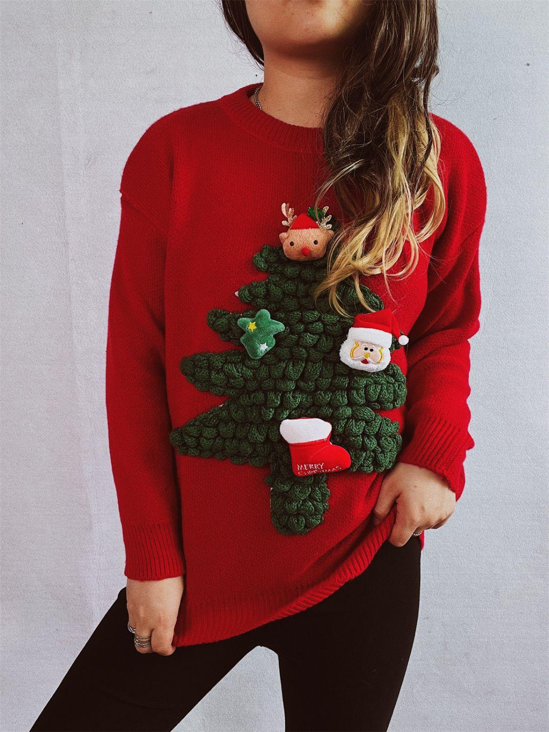 Christmas Tree Round Neck Long Sleeve Sweater - Clothes For Her Online Store