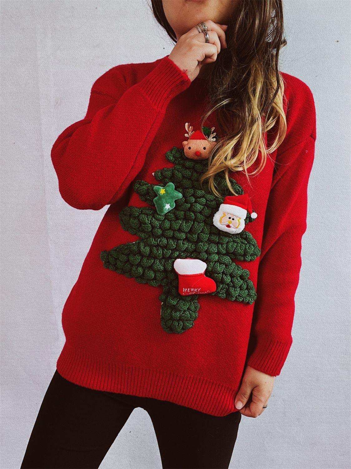 Christmas Tree Round Neck Long Sleeve Sweater - Clothes For Her Online Store