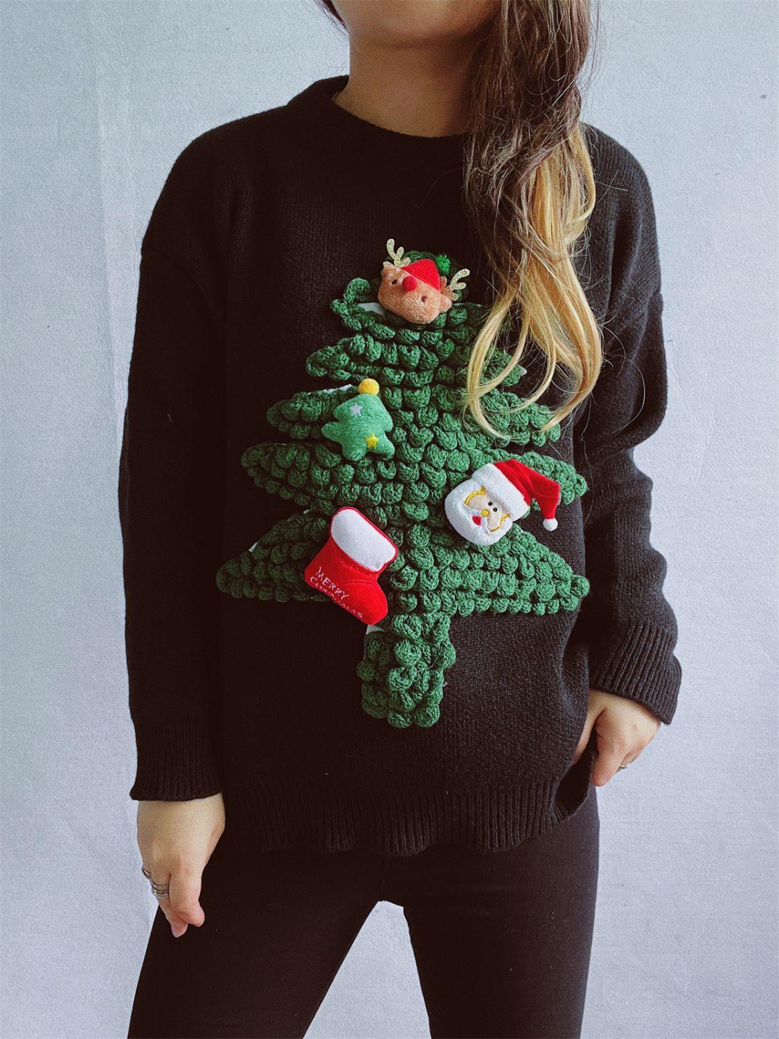 Christmas Tree Round Neck Long Sleeve Sweater - Clothes For Her Online Store