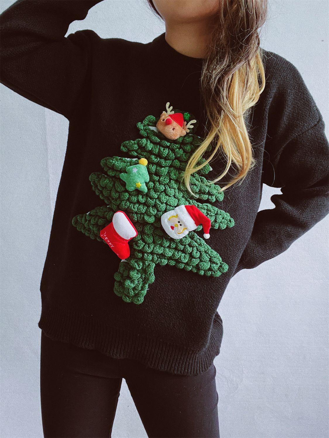 Christmas Tree Round Neck Long Sleeve Sweater - Clothes For Her Online Store
