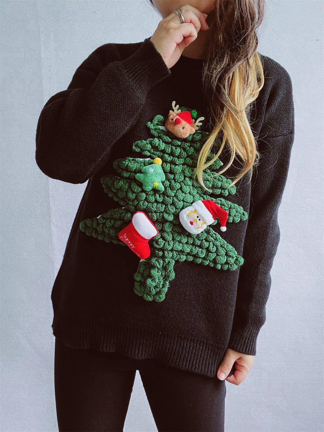 Christmas Tree Round Neck Long Sleeve Sweater - Clothes For Her Online Store