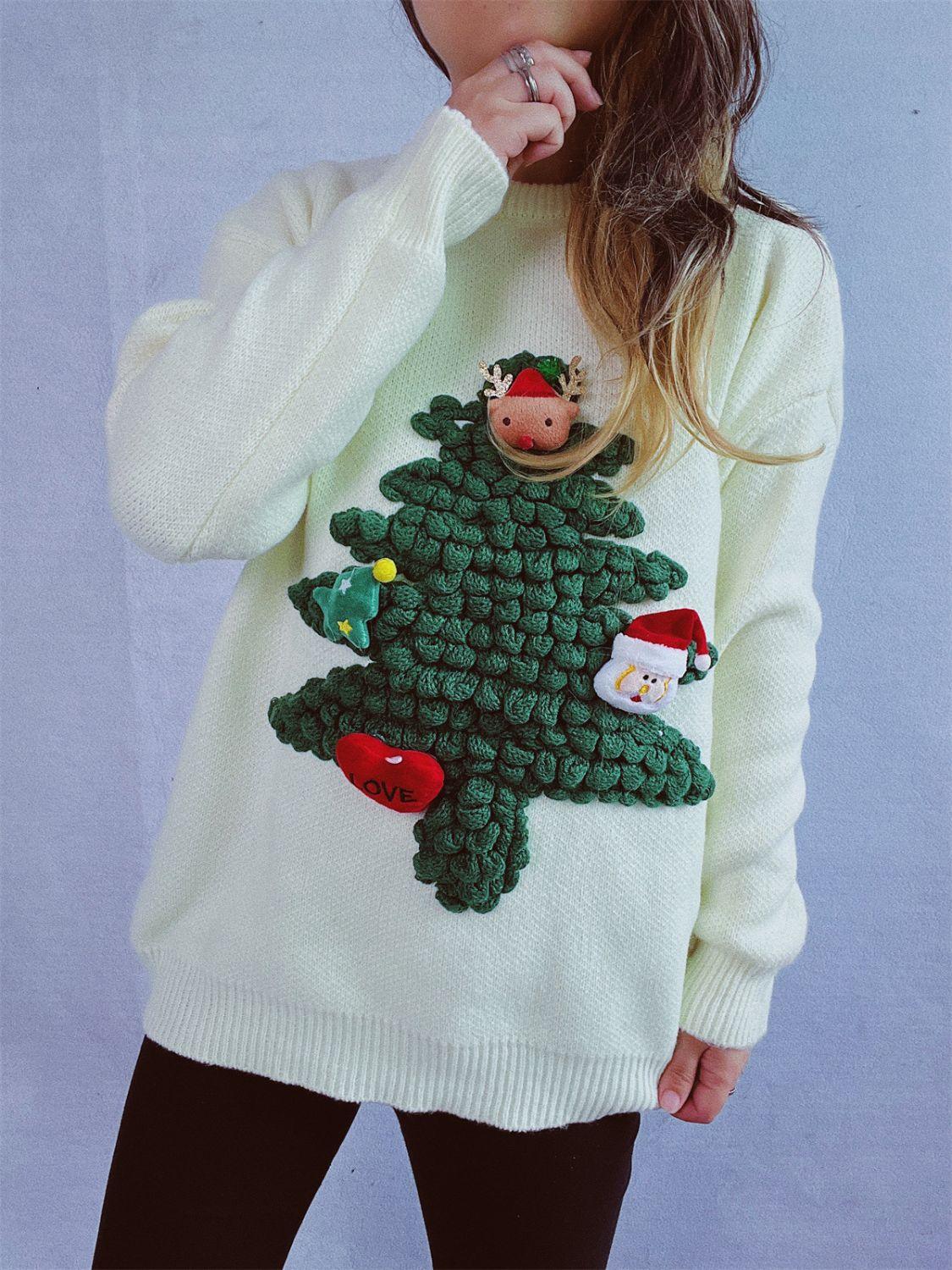 Christmas Tree Round Neck Long Sleeve Sweater - Clothes For Her Online Store