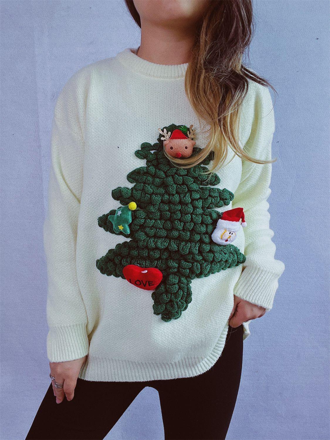 Christmas Tree Round Neck Long Sleeve Sweater - Clothes For Her Online Store