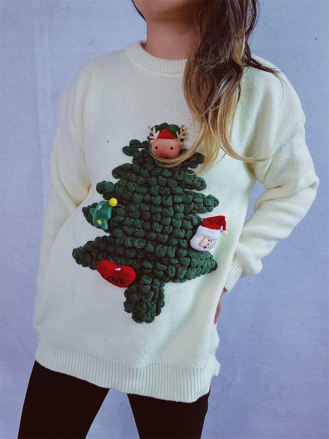 Christmas Tree Round Neck Long Sleeve Sweater - Clothes For Her Online Store