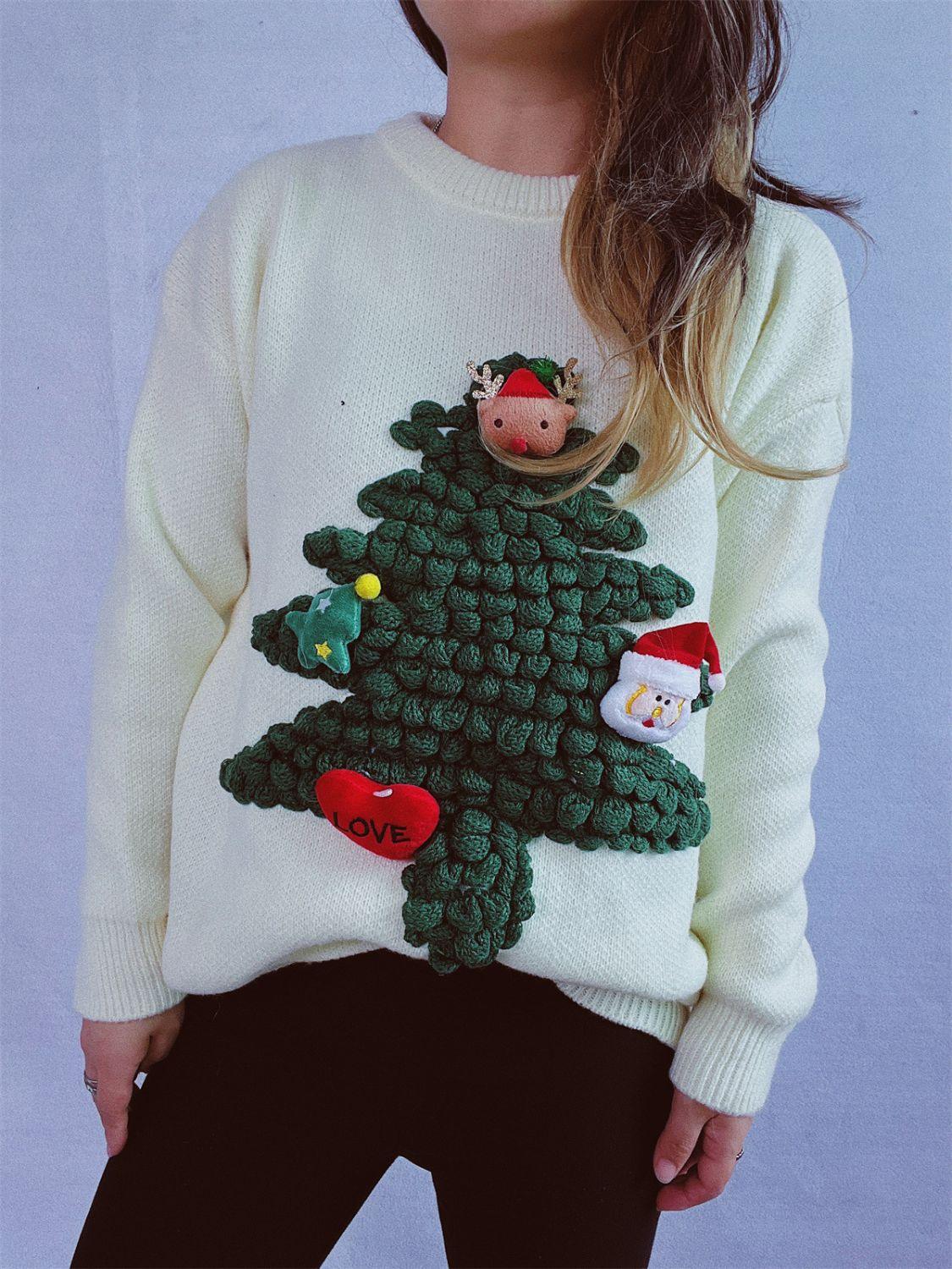 Christmas Tree Round Neck Long Sleeve Sweater - Clothes For Her Online Store