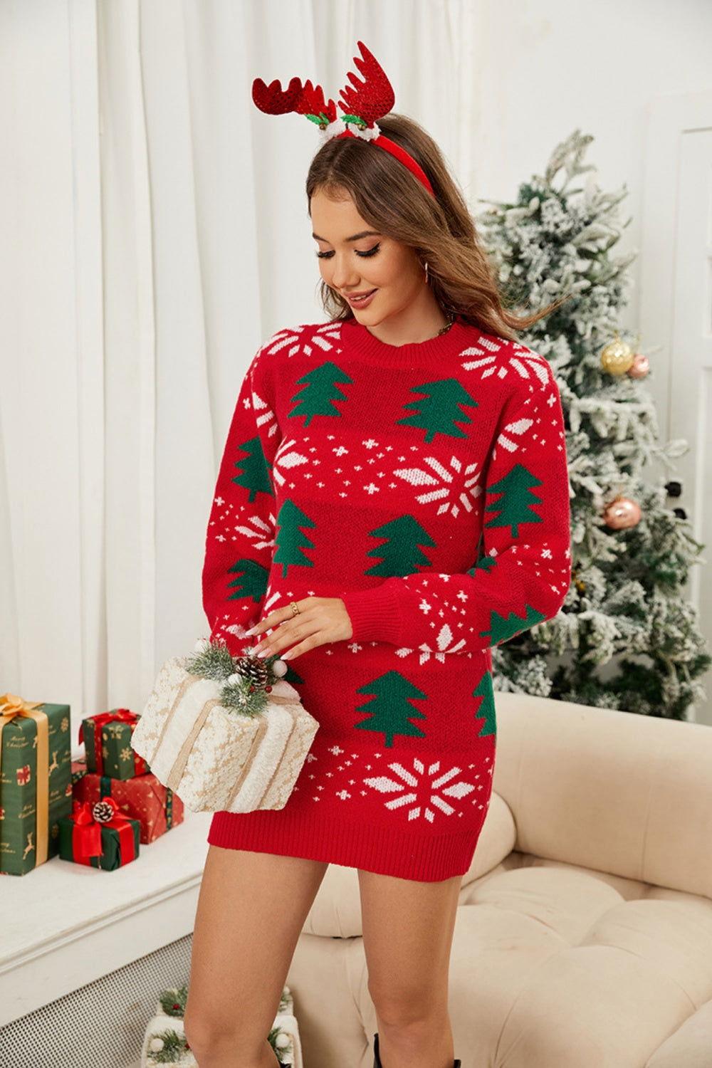 Christmas Tree Round Neck Sweater Dress - Clothes For Her Online Store