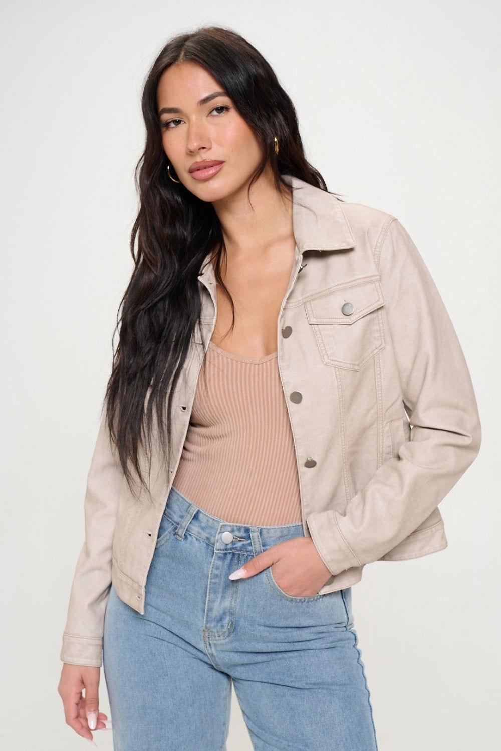 Coalition LA Button Down Cargo Vegan Leather Shacket - Clothes For Her Online Store