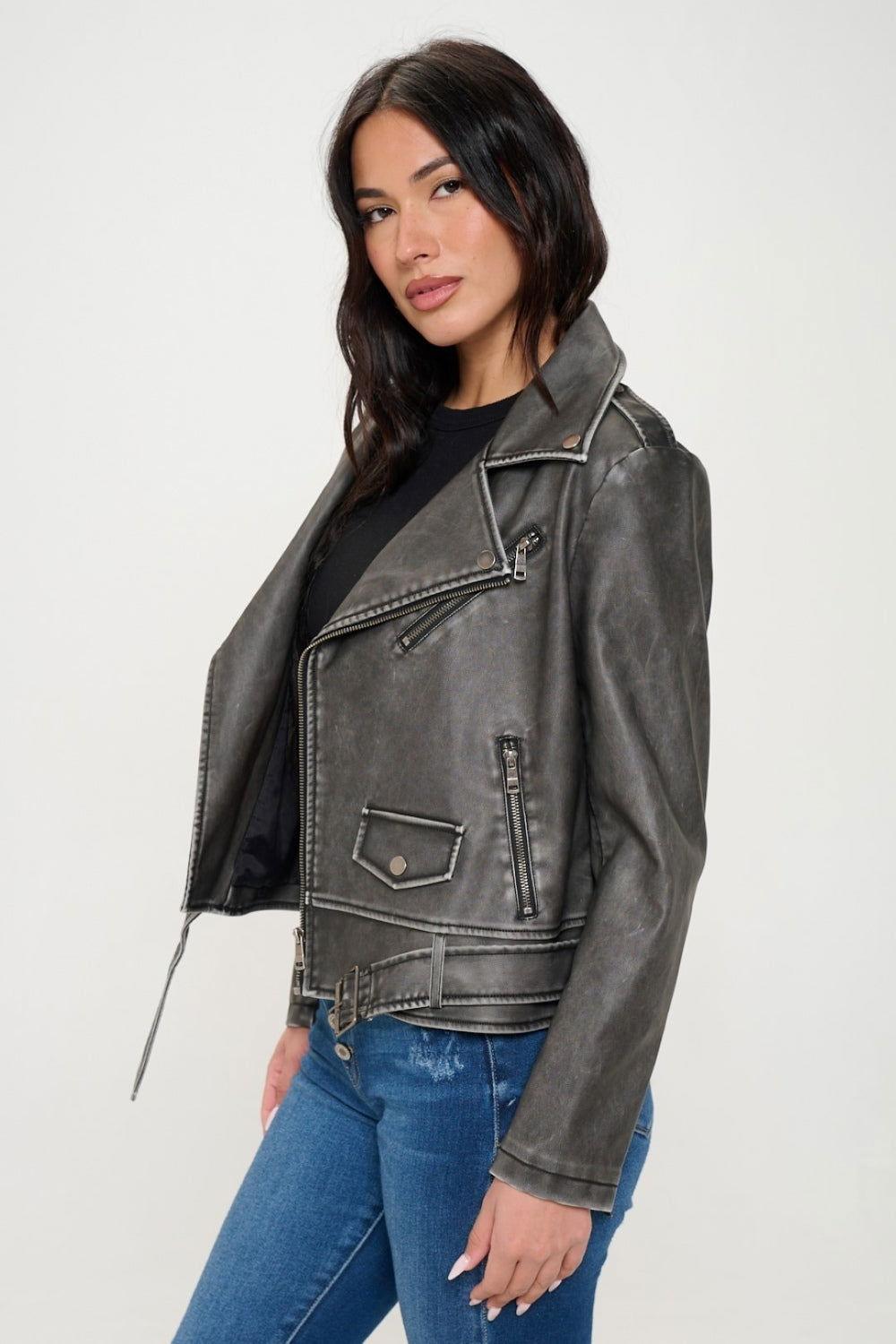 Coalition LA Zip Up Biker Jacket with Belt - Clothes For Her Online Store