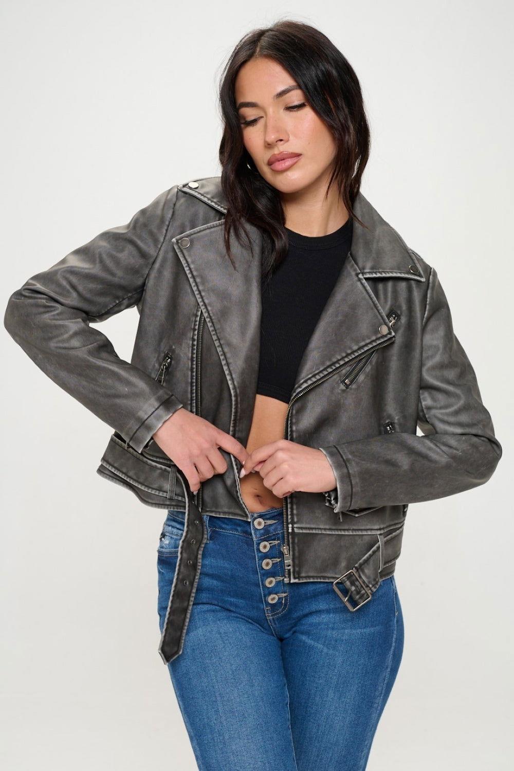 Coalition LA Zip Up Biker Jacket with Belt - Clothes For Her Online Store