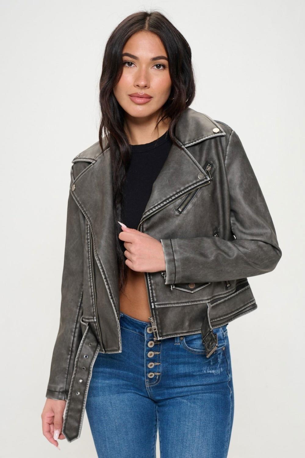 Coalition LA Zip Up Biker Jacket with Belt - Clothes For Her Online Store